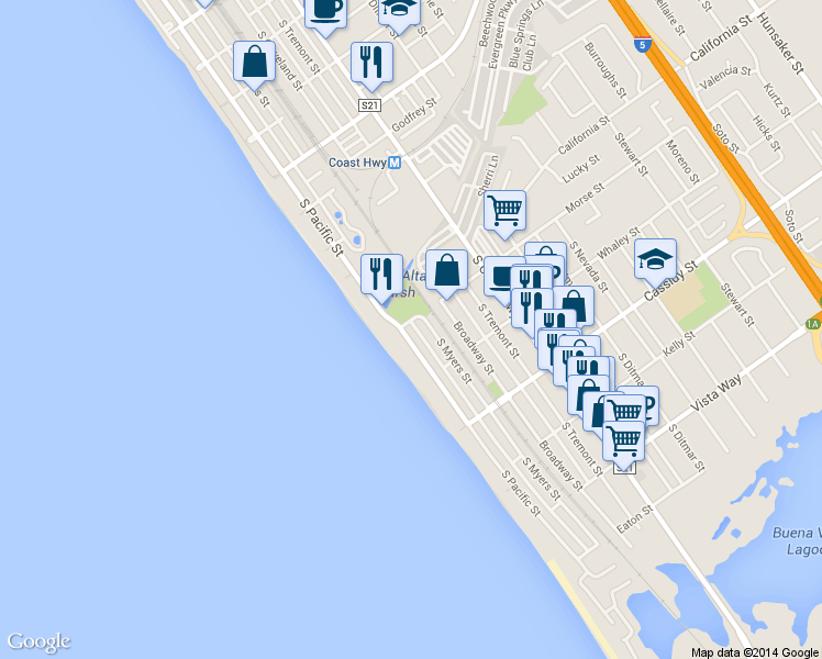 map of restaurants, bars, coffee shops, grocery stores, and more near 1601 South Myers Street in Oceanside