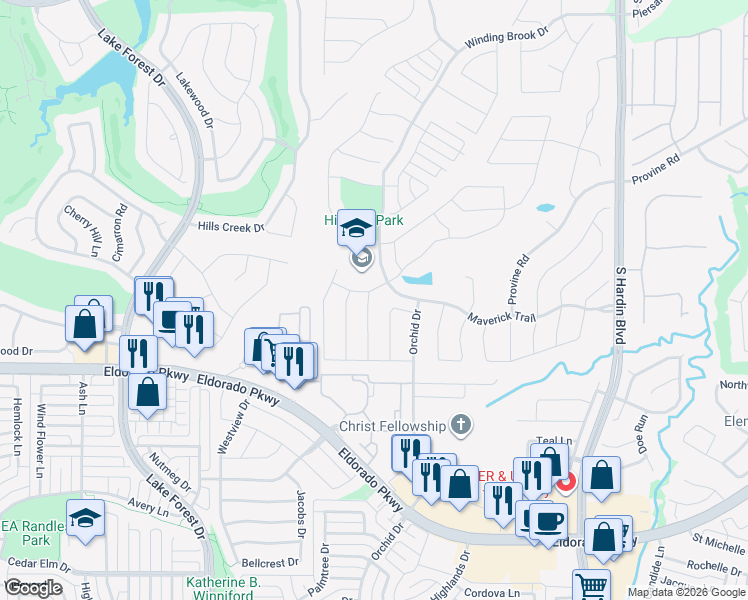map of restaurants, bars, coffee shops, grocery stores, and more near 3915 Maverick Trail in McKinney