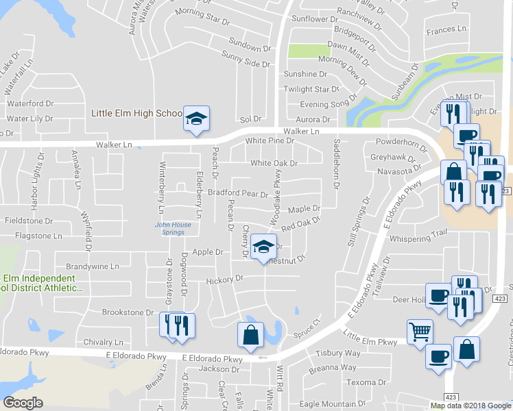 map of restaurants, bars, coffee shops, grocery stores, and more near 2233 Maple Drive in Little Elm