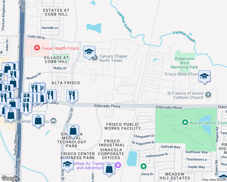 map of restaurants, bars, coffee shops, grocery stores, and more near 11900 Research Road in Frisco