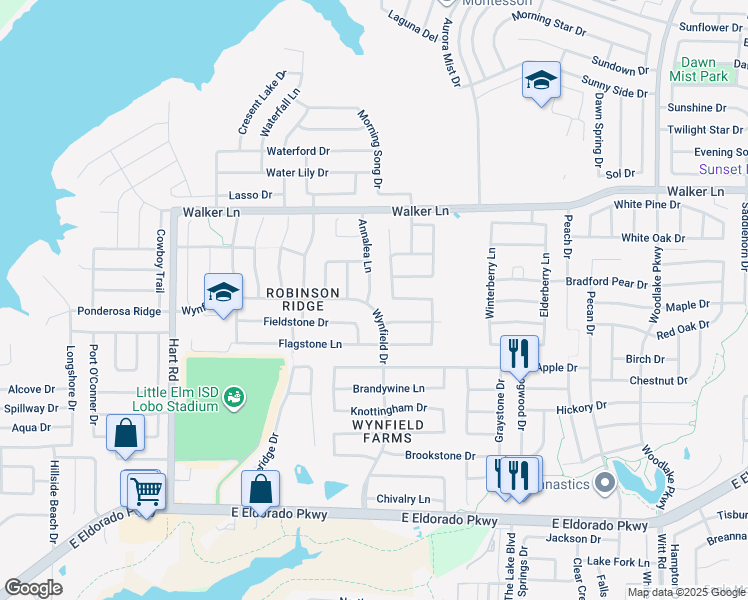 map of restaurants, bars, coffee shops, grocery stores, and more near 2600 Annalea Lane in Little Elm