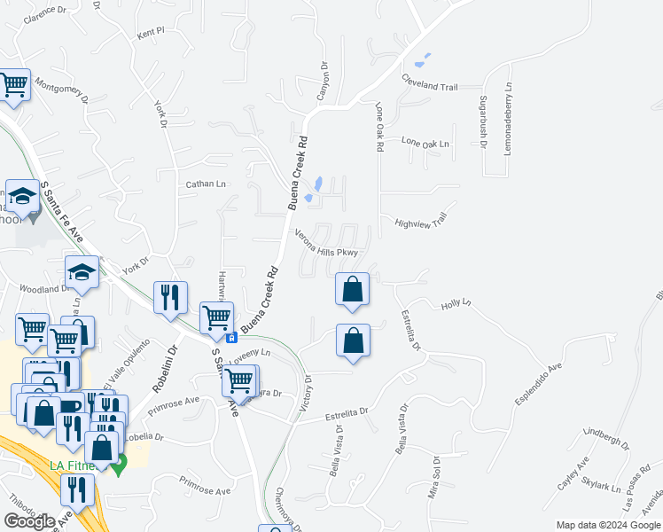 map of restaurants, bars, coffee shops, grocery stores, and more near 2173 Fiori Drive in Vista