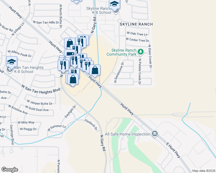 map of restaurants, bars, coffee shops, grocery stores, and more near 1194 West Desert Seasons Drive in San Tan Valley