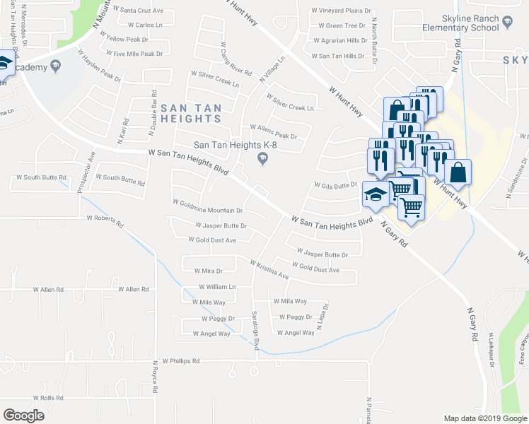 map of restaurants, bars, coffee shops, grocery stores, and more near 2518 West Goldmine Mountain Drive in Queen Creek