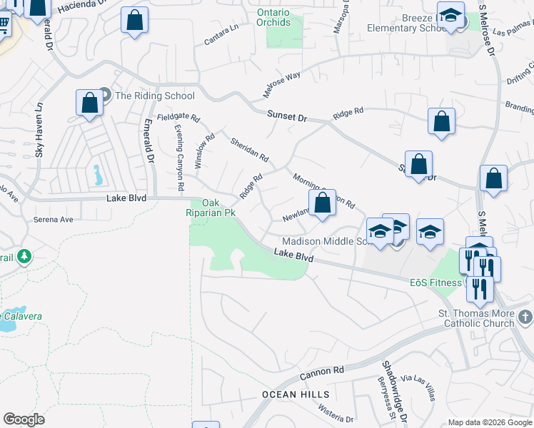 map of restaurants, bars, coffee shops, grocery stores, and more near 3589 Keystone Circle in Oceanside
