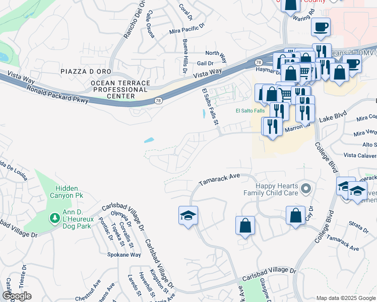 map of restaurants, bars, coffee shops, grocery stores, and more near 3270 Vestra Way in Carlsbad