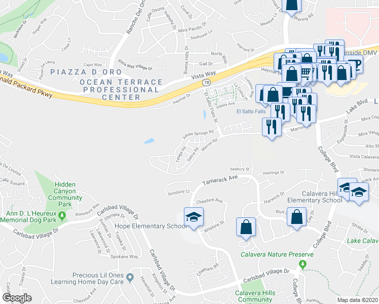 map of restaurants, bars, coffee shops, grocery stores, and more near 3304 Telaga Road in Carlsbad