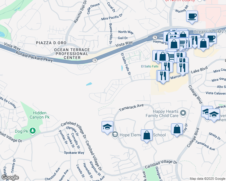 map of restaurants, bars, coffee shops, grocery stores, and more near 3304 Telaga Road in Carlsbad