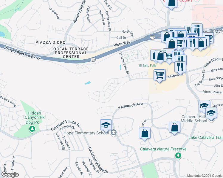 map of restaurants, bars, coffee shops, grocery stores, and more near 3240 Crecida Way in Carlsbad