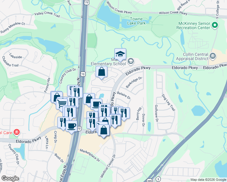 map of restaurants, bars, coffee shops, grocery stores, and more near 1300 Eldorado Parkway in McKinney