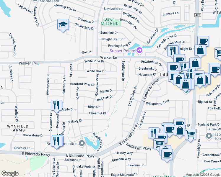 map of restaurants, bars, coffee shops, grocery stores, and more near 2332 Bradford Pear Drive in Little Elm