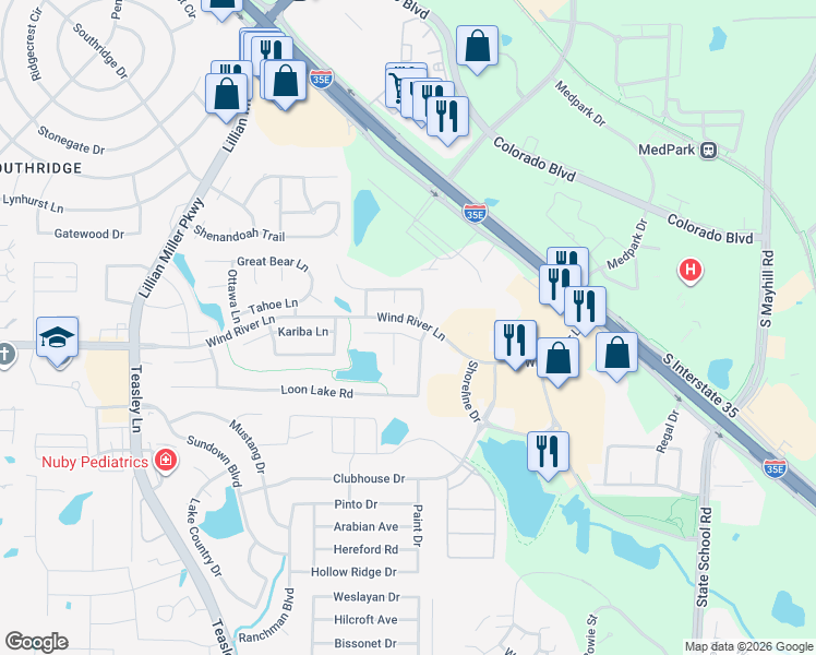 map of restaurants, bars, coffee shops, grocery stores, and more near 2805 Crater Lake Lane in Denton