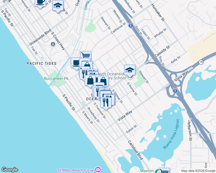 map of restaurants, bars, coffee shops, grocery stores, and more near 1737 South Ditmar Street in Oceanside