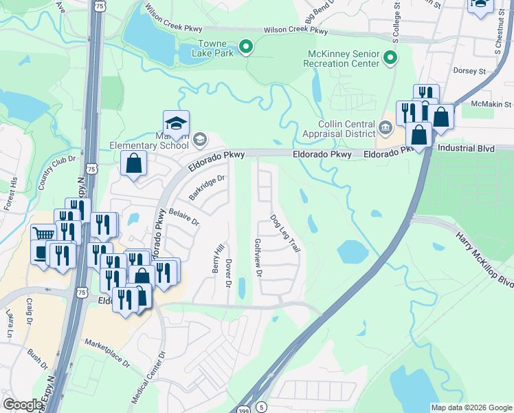 map of restaurants, bars, coffee shops, grocery stores, and more near 2512 Barranca Way in McKinney