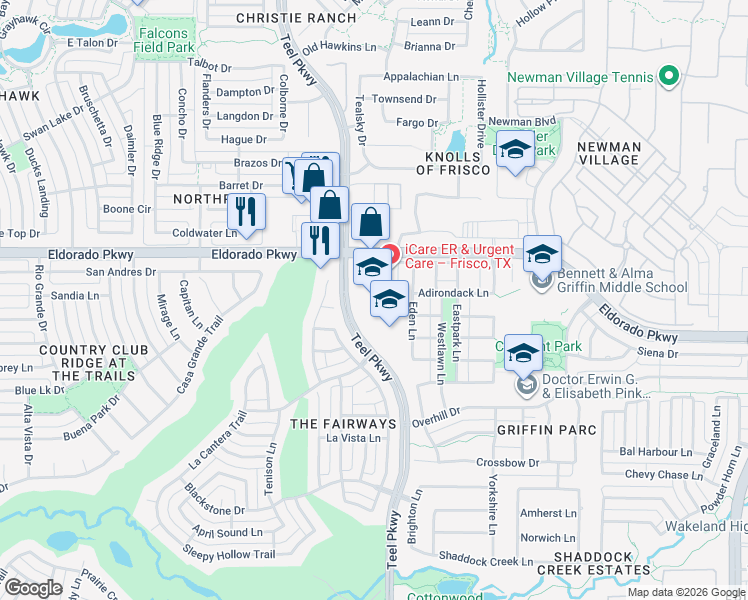 map of restaurants, bars, coffee shops, grocery stores, and more near 11880 Teel Parkway in Frisco