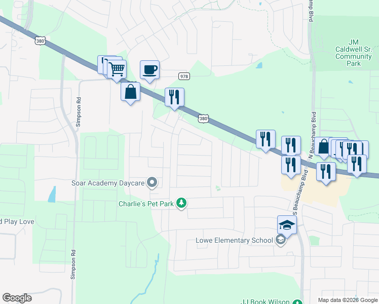 map of restaurants, bars, coffee shops, grocery stores, and more near 1211 Toledo Bend Drive in Princeton