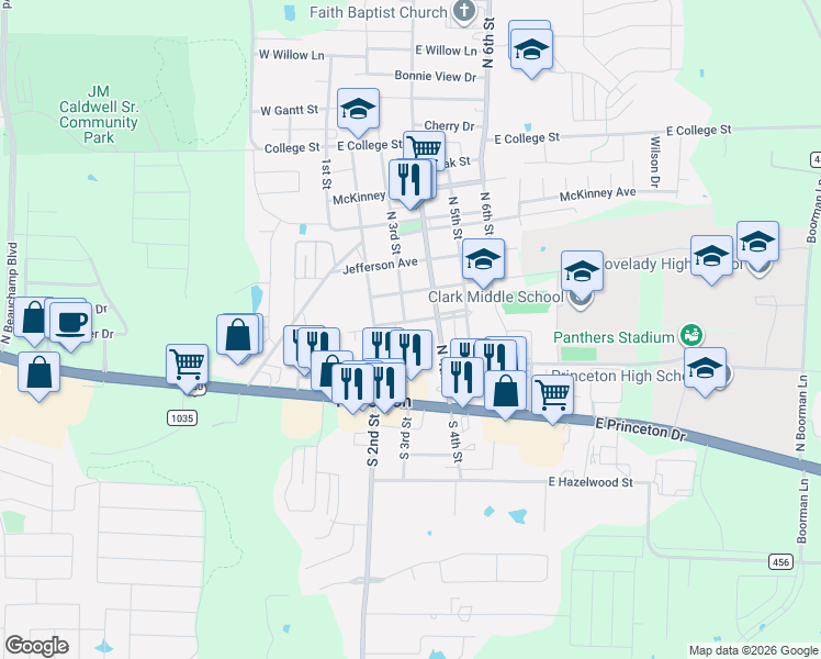 map of restaurants, bars, coffee shops, grocery stores, and more near 300 North 3rd Street in Princeton