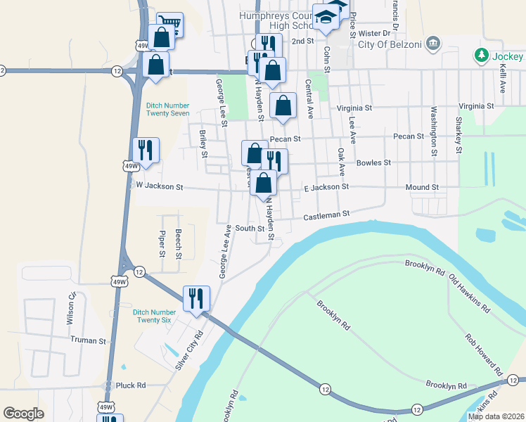 map of restaurants, bars, coffee shops, grocery stores, and more near 103 S Hayden St in Belzoni