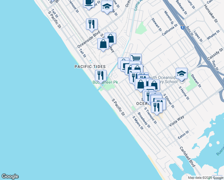 map of restaurants, bars, coffee shops, grocery stores, and more near 1601 South Myers Street in Oceanside