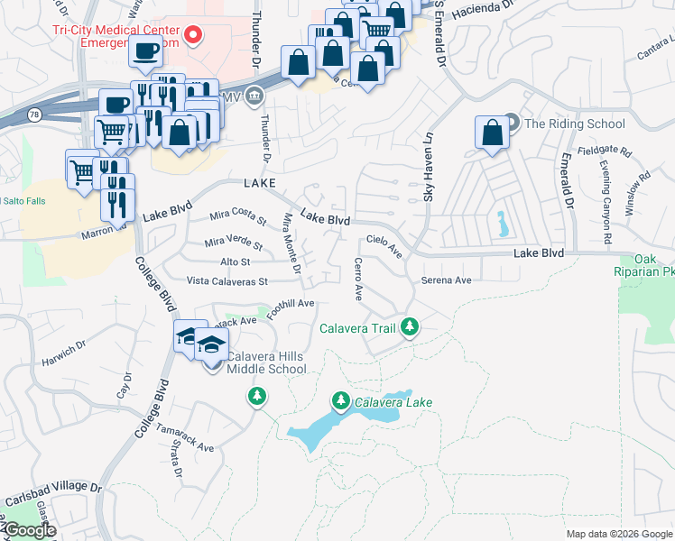 map of restaurants, bars, coffee shops, grocery stores, and more near 4168 Baycliff Way in Oceanside