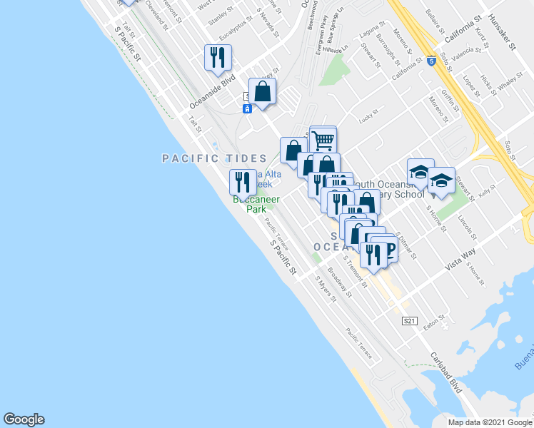 map of restaurants, bars, coffee shops, grocery stores, and more near 1601 South Myers Street in Oceanside