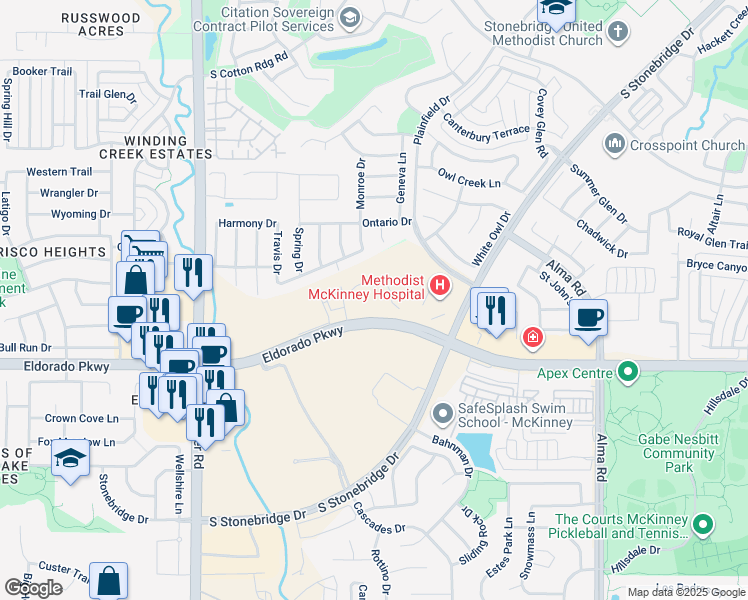 map of restaurants, bars, coffee shops, grocery stores, and more near Orion Drive in McKinney