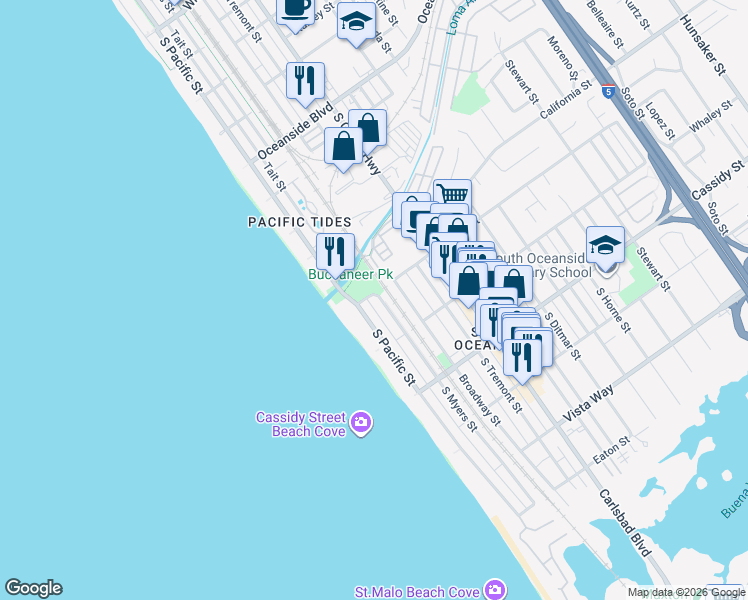 map of restaurants, bars, coffee shops, grocery stores, and more near 1601 South Myers Street in Oceanside