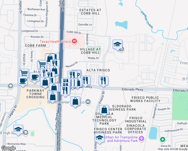 map of restaurants, bars, coffee shops, grocery stores, and more near 6000 Eldorado Parkway in Frisco