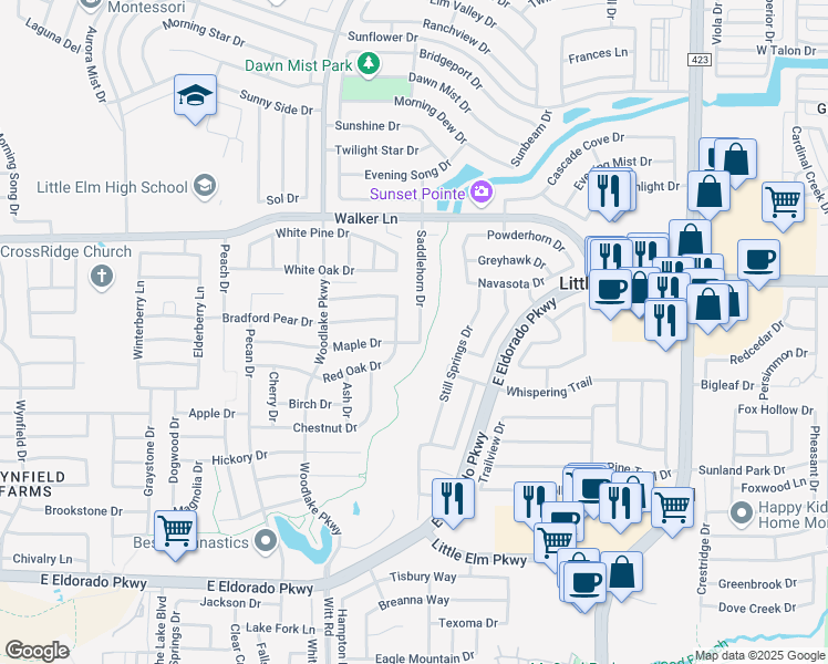 map of restaurants, bars, coffee shops, grocery stores, and more near 2505 Saddlehorn Drive in Little Elm