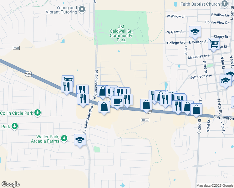 map of restaurants, bars, coffee shops, grocery stores, and more near 217 Timber Drive in Princeton