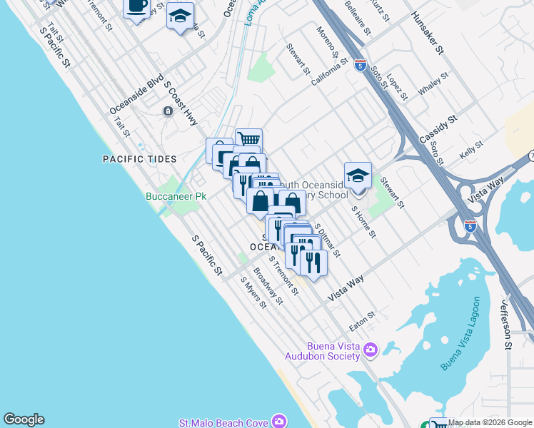 map of restaurants, bars, coffee shops, grocery stores, and more near 1706 South Coast Highway in Oceanside