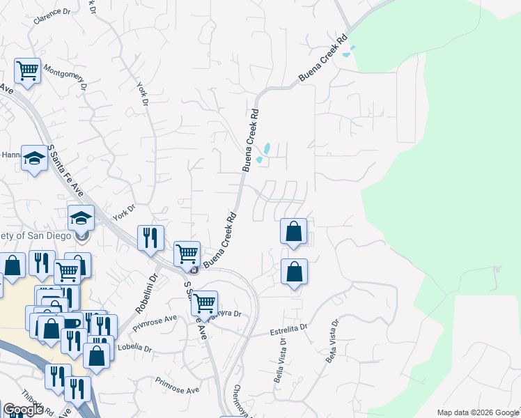 map of restaurants, bars, coffee shops, grocery stores, and more near 2117 Savona Court in Vista