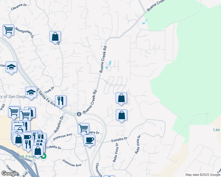 map of restaurants, bars, coffee shops, grocery stores, and more near 2112 Savona Court in Vista