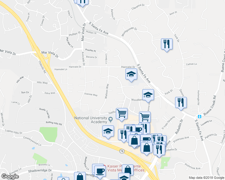 map of restaurants, bars, coffee shops, grocery stores, and more near 209 Journeys End in Vista
