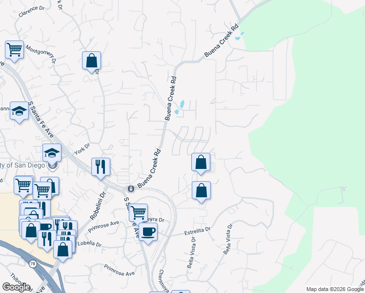 map of restaurants, bars, coffee shops, grocery stores, and more near 2112 Savona Court in Vista
