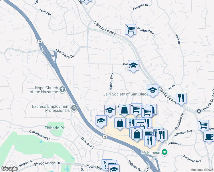 map of restaurants, bars, coffee shops, grocery stores, and more near 1718 Watson Way in Vista