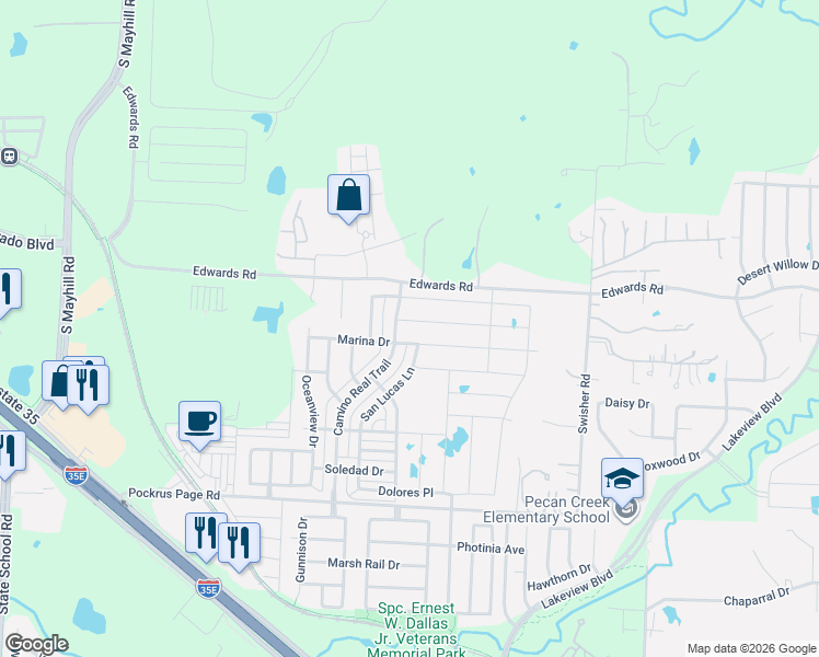 map of restaurants, bars, coffee shops, grocery stores, and more near 3116 Camino Real Trail in Denton