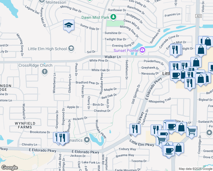 map of restaurants, bars, coffee shops, grocery stores, and more near 2312 Bradford Pear Drive in Little Elm