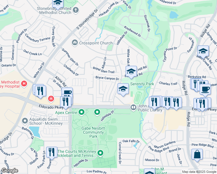 map of restaurants, bars, coffee shops, grocery stores, and more near 2604 Palo Duro Canyon Drive in McKinney