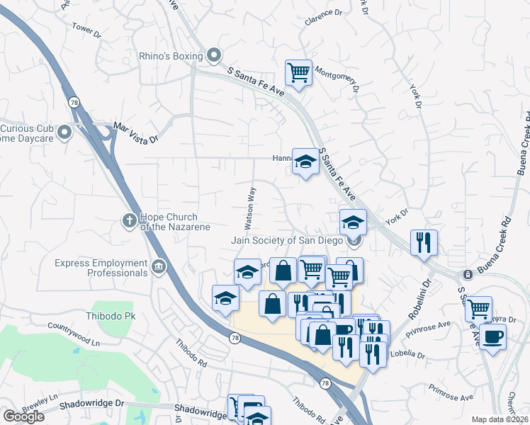 map of restaurants, bars, coffee shops, grocery stores, and more near 209 Journeys End in Vista