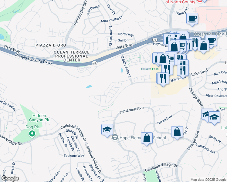 map of restaurants, bars, coffee shops, grocery stores, and more near 3270 Vestra Way in Carlsbad