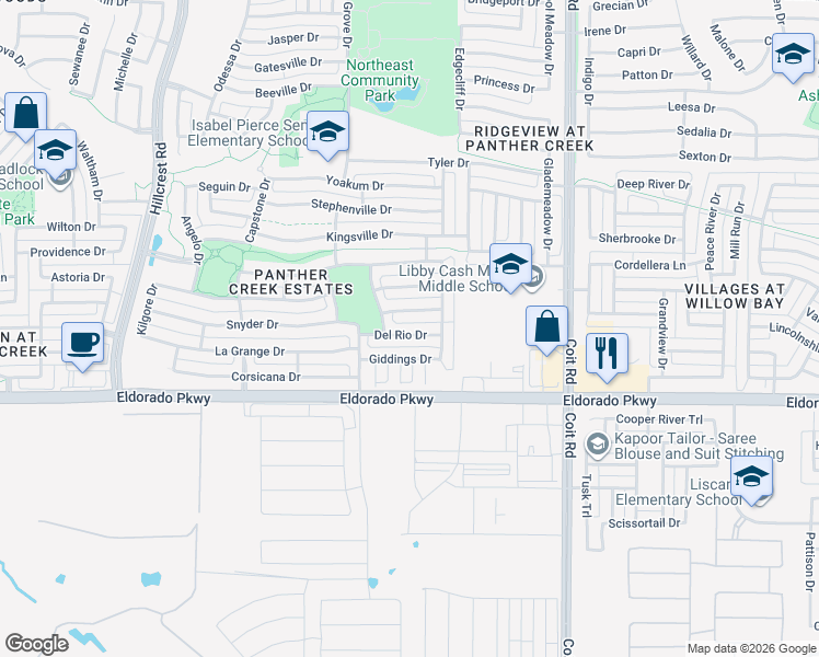 map of restaurants, bars, coffee shops, grocery stores, and more near 12007 Big Springs Drive in Frisco