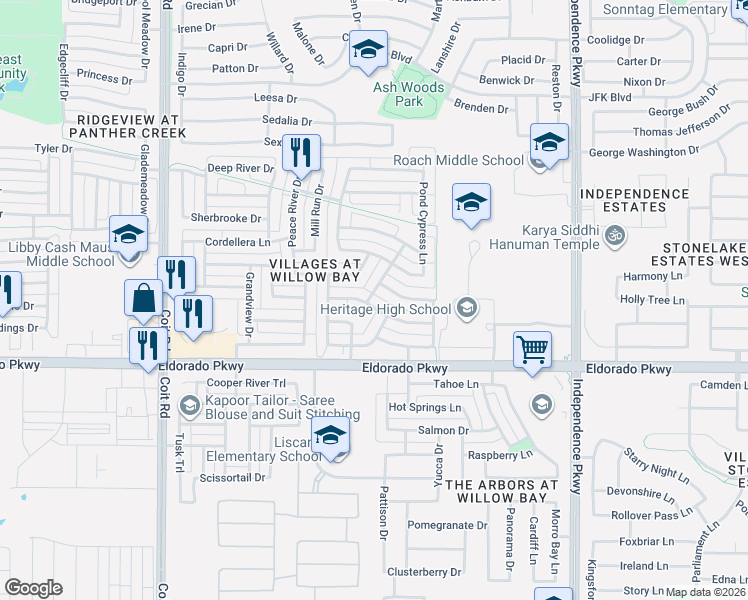 map of restaurants, bars, coffee shops, grocery stores, and more near 12109 Settlers Knoll Trail in Frisco