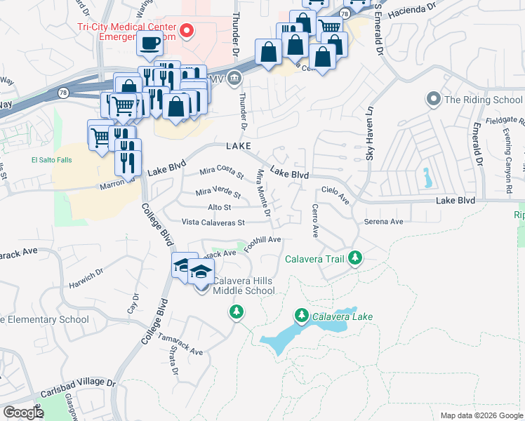 map of restaurants, bars, coffee shops, grocery stores, and more near 4111 Alto Street in Oceanside