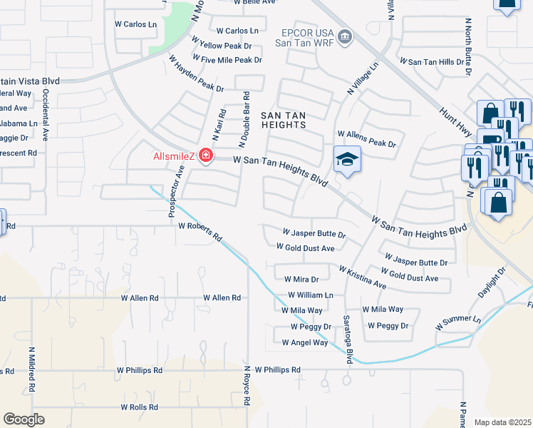 map of restaurants, bars, coffee shops, grocery stores, and more near 3023 West Goldmine Mountain Cove in Queen Creek