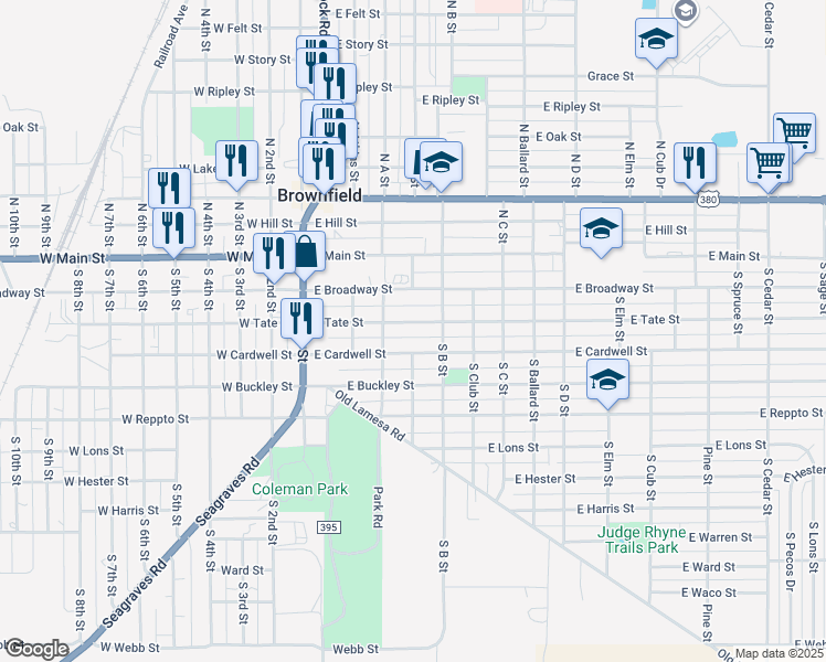 map of restaurants, bars, coffee shops, grocery stores, and more near 400-598 East Tate Street in Brownfield