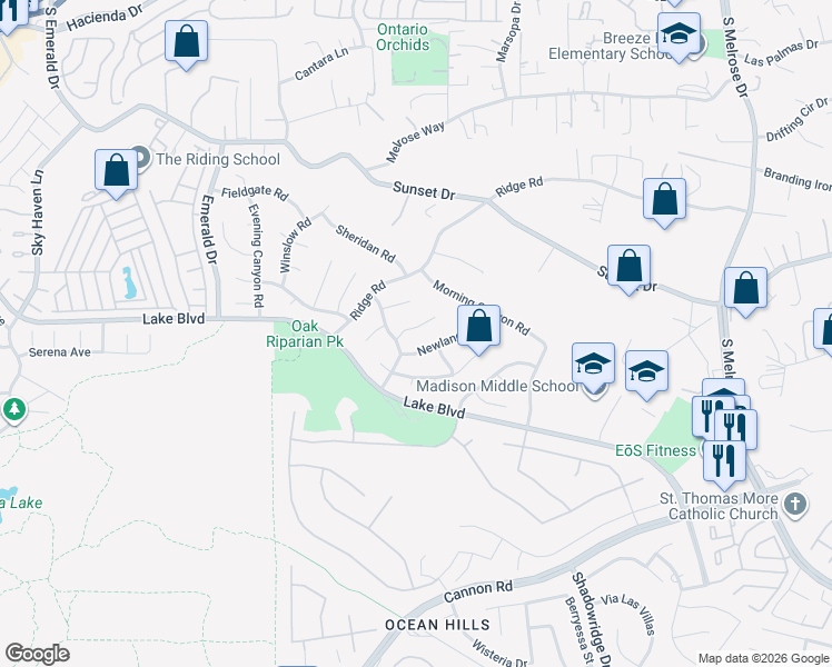 map of restaurants, bars, coffee shops, grocery stores, and more near 3582 Prestwick Circle in Oceanside
