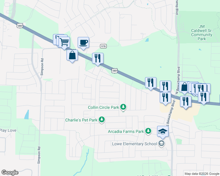 map of restaurants, bars, coffee shops, grocery stores, and more near 1211 Toledo Bend Drive in Princeton