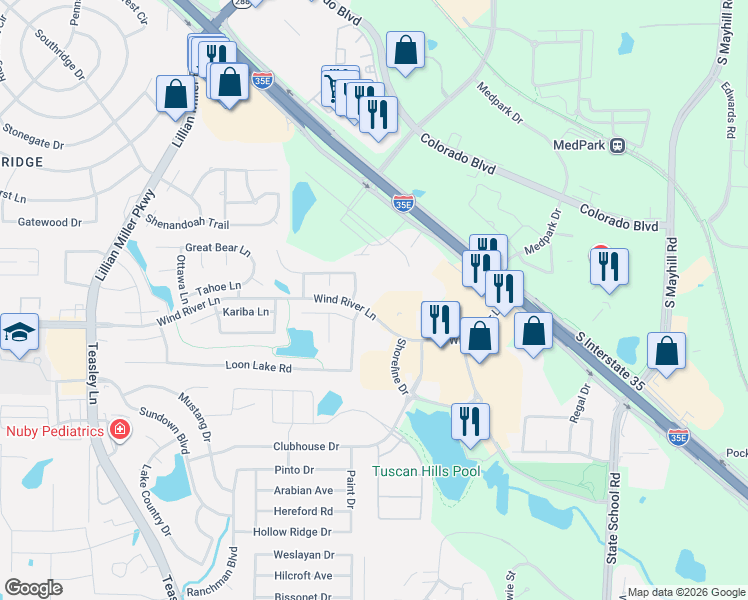 map of restaurants, bars, coffee shops, grocery stores, and more near 2709 Wind River Lane in Denton