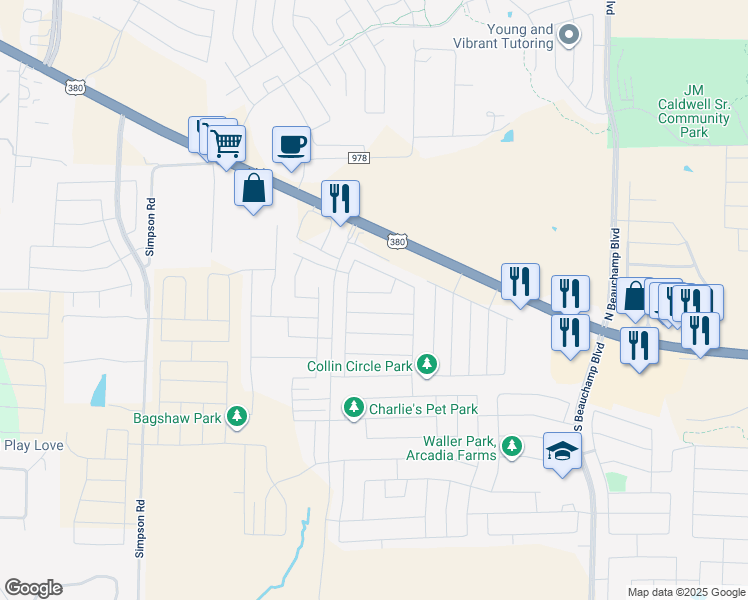 map of restaurants, bars, coffee shops, grocery stores, and more near 1211 Toledo Bend Drive in Princeton
